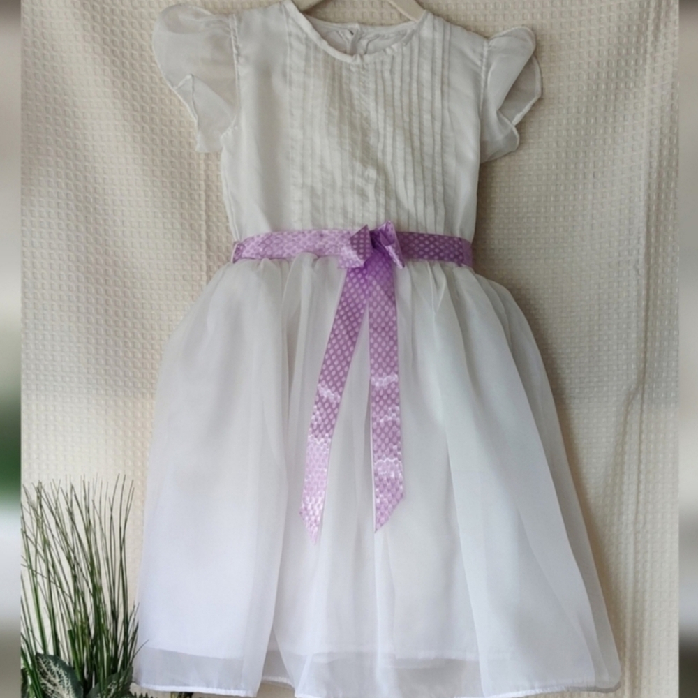 Girls White Special Occasion Dress with Purple Polka Dot  Waistband Tie Size 6-7
